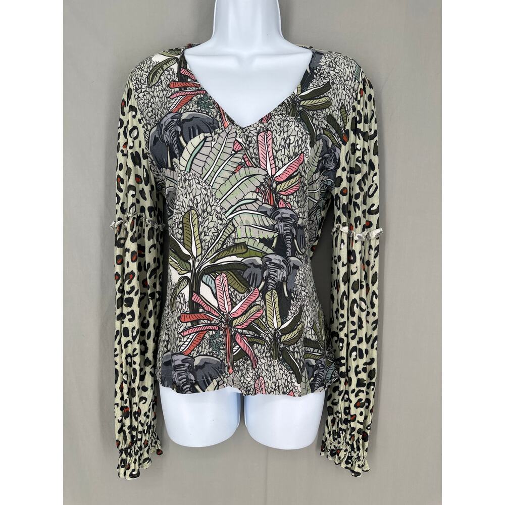 Blank London Anthropologie Top Small Green Animal Print Jungle Elephants Floral